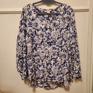 Love Potion Floral Blouse Blue White Rayon Women's Size XL